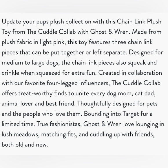 CUDDLE COLLAB NWT chain link plush dog toy -pink - Picture 2 of 2